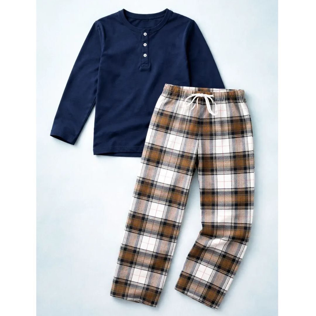 Pijama de Algodón Pima Polo Manga Larga + Pantalón de Franela a crudritos